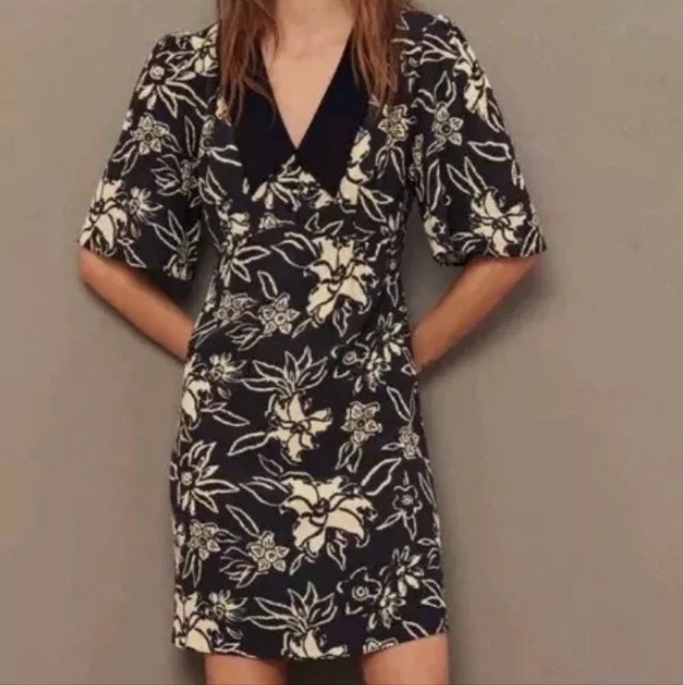 BA & SH Seyton Lady Dress Woman XS 2 Black Floral Mini Peter Pan Collar Flutter